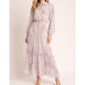 Z Supply Tanya Blurred Maxi Dress Small Tiered Shirtdress Smocked Waist Coastal